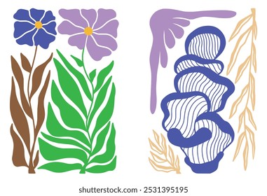 Flowers groovy and vector drawing wild plants at white background, flowering meadow , hand drawn botanical illustration