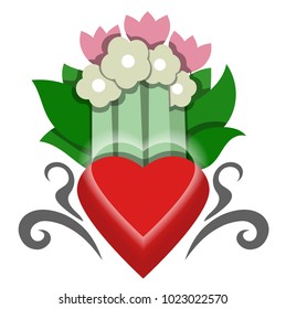 Flowers grow from the heart.  Emblem.  Vector illustration.