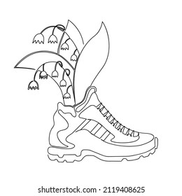 Flowers grow from running shoes. Line art.