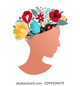 Flowers grow from a woman's head. Hand-drawn modern flat illustration.