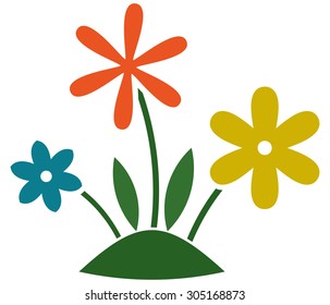 Flowers growing grass lawn. Gardening illustration isolated