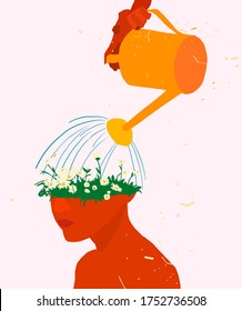 Flowers growing from the head. Care of yourself, watering.  The concept of mental health. Flat hand drawn vector illustration