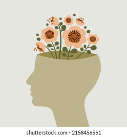 Flowers growing in human head. Concept of mental health, creativity, learning .