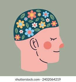 Flowers growing in human head. Head with flowers.mental health. Keep balance. Slow down and take care of your health. meditation for mental health.peace of mind