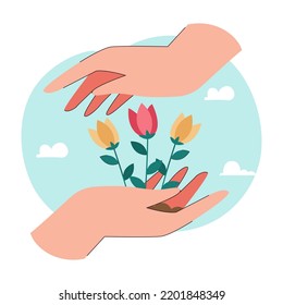 Flowers growing on human hand. People protecting nature or flora flat vector illustration. Nature, botany, protection, gardening concept for banner, website design or landing web page