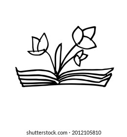 flowers growing from an open book. Sprouts of knowledge. Vector doodle illustration