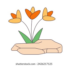 Flowers growing out rock 2D linear cartoon object. Blooming plants sprouting from stone isolated line vector element white background. Wildflowers break through crack color flat spot illustration