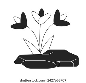 Flowers growing out rock black and white 2D line cartoon object. Blooming plants sprouting from stone isolated vector outline item. Wildflowers break through crack monochromatic flat spot illustration