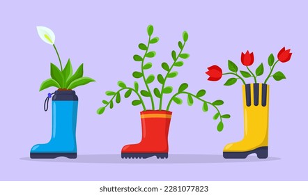 Flores que crecen en la ilustración vectorial de las botas de goma. Dibujo de dibujos animados de zapatos viejos usados como macetas de flores para plantas. Reciclaje, ciclismo, naturaleza, ecología, concepto de basura cero