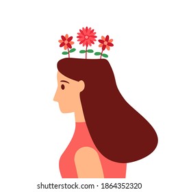 Flowers growing from woman head in flat design. Positive thinking. Mental health. Psychological therapy and treatment.