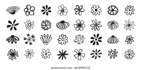Flowers grunge brush doodle blossom icons set. Flowers Scribble ink hand drawn brush. Chamomile flowers markers crayons icons . Vector illustration