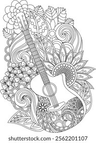 Flowers Guitar Coloring Book Antistress Vector