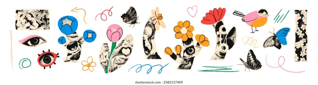 Flowers halftone art collage cut outs set. Paper clipping shapes, spring floral stickers, torn paper, butterflies, ladybug, doodles and scribbles. Modern retro grunge mixed media vector illustration