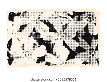 Flowers halftone art collage cut out. Spring or summer floral sticker, vintage dotted texture, torn paper scrap sheet. Modern retro mixed media vector illustration isolated on transparent background