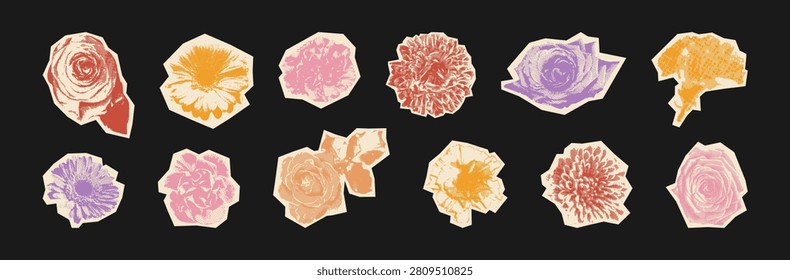 Flowers halftone collage sticker set. Spring summer floral pop art element for decoration poster card banner. Paper cutout buds magazine vector illustration