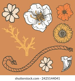 Flowers, halloween illustration. line art illustration with colors, vector