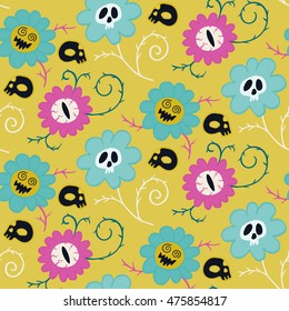 Flowers halloween pattern on dark background. Can be used for wrapping paper, textile, web background, greeting cards and party invitations