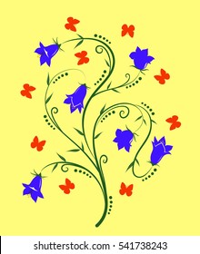 Flowers hand bells and the butterflies flying around them. Vector illustration