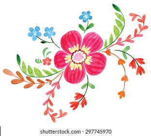 Flowers hand drawing painted in watercolor on white paper. Sketch of flowers and herbs. Wreath, garland of flowers