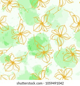 Flowers hand drawing seamless pattern with Chinese line art Illustration of isolated lilies on imitation of watercolor splash background
