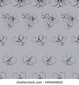 Flowers hand drawing seamless vector pattern. Tropical orchids texture. Outline sketch. Black line , Grey backdrop. Monochrome repeat background for paper, wallpaper, fabric design. Colorless