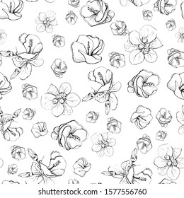 Flowers hand drawing seamless vector pattern. Outline sketch. Monochrome repeat background for wrapping paper, invitations, fabric, print, greeting cards decor. Black and white 