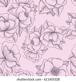 Flowers. Hand drawing. Vector seamless pattern for design and decoration of textiles, wallpapers, wrapping paper, covers, catalogs and web design