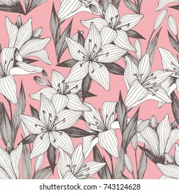 Flowers. Hand drawing. Vector seamless pattern on a pink background for design of textiles and other surfaces