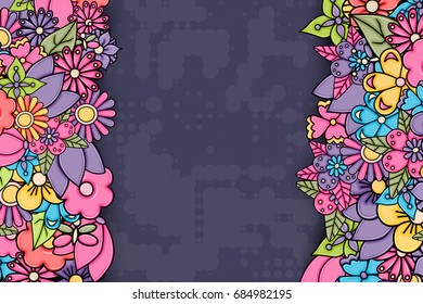 Flowers hand drawn cartoon card background. Spring or summer concept. Vector illustration doodle.