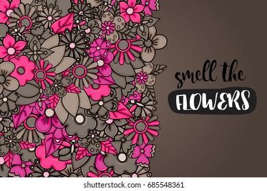 Flowers hand drawn cartoon card background. Spring or summer concept. Vector illustration doodle. Pink and brown color.