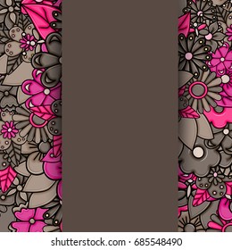 Flowers hand drawn cartoon card background. Spring or summer concept. Vector illustration doodle. Pink and brown color.