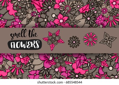 Flowers hand drawn cartoon card background. Spring or summer concept. Vector illustration doodle. Pink and brown color.