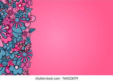 Flowers hand drawn cartoon card background. Spring or summer concept. Vector illustration doodle.