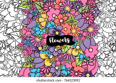 Flowers hand drawn cartoon card background. Spring or summer concept. Outlined black and white coloring elements. Vector illustration doodle.