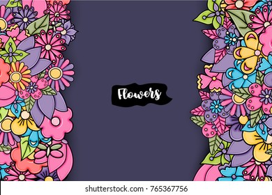 Flowers hand drawn cartoon card background. Spring or summer concept. Vector illustration doodle.