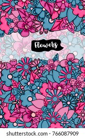 Flowers hand drawn cartoon card background. Spring or summer concept. Vector illustration doodle.