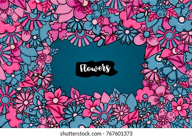Flowers hand drawn cartoon card background. Spring or summer concept. Vector illustration doodle.