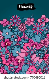 Flowers hand drawn cartoon card background. Spring or summer concept. Vector illustration doodle.