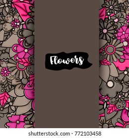 Flowers hand drawn cartoon card background. Spring or summer concept. Vector illustration doodle