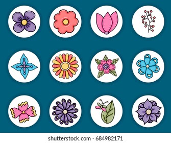 Flowers hand drawn cartoon elements set. Spring or summer concept stickers and badges. Vector illustration doodle.