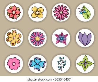 Flowers hand drawn cartoon elements set. Spring or summer concept stickers and badges. Vector illustration doodle.