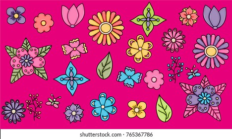 Flowers hand drawn cartoon elements set. Spring or summer concept stickers and badges. Vector illustration doodle.