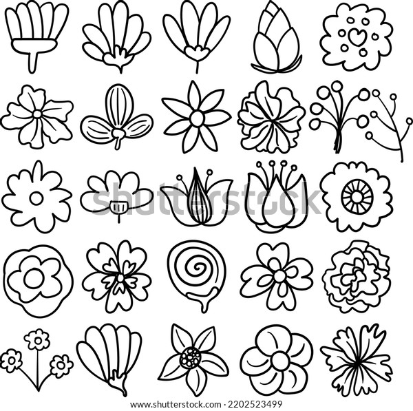 Flowers Hand Drawn Doodle Line Art Outline Set\
Containing flower, flowers, blossom, flora, bloom, baby tooth,\
herb, perennial, vine, annual, bud, cluster, efflorescence, floret,\
floweret, head