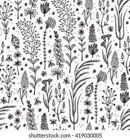 Flowers. Hand drawn doodle Wild Flowers. Floral Seamless pattern - Vector illustration. Floral background. Wildflowers. Grass.