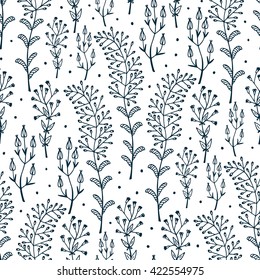Flowers. Hand drawn doodle Wild Flowers. Floral Seamless pattern - Vector illustration. Black and white Floral background. Wildflowers. Grass.