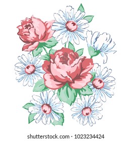 Flowers hand drawn, floral embroidery design, fabric print, vector floral ornament. Hand drawing flower composition from roses and chamomile, buds, petal, stem and leaves isolated on white background