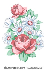 Flowers hand drawn, floral embroidery design, fabric print, vector floral ornament. Hand drawing flower composition from roses and chamomile, buds, petal, stem and leaves isolated on white background