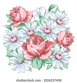 Flowers hand drawn, floral embroidery design, fabric print, vector floral ornament. Hand drawing flower composition from roses and chamomile, buds, petal, stem and leaves isolated on white background
