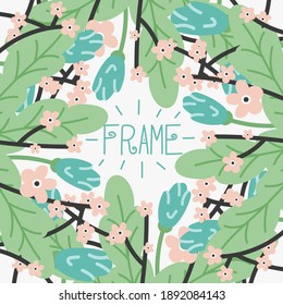 Flores dibujadas a mano diseño de ilustración vectorial de marco. Hojas y pétalos de flores adorables y coloridos para invitación y adorno, borde verde, elemento de primavera decorativo