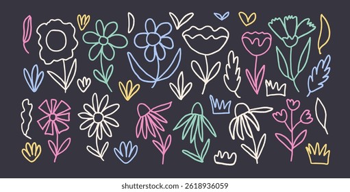 Flowers hand drawn line art set. Naive floral chalk doodle isolated on dark background. Daisy, poppy, gras s, leaves sketch elements. Vector childish style illustration by pencil.